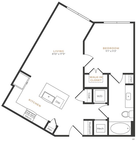 Floor plan for 1 bed, 1 bath, 699 sqft